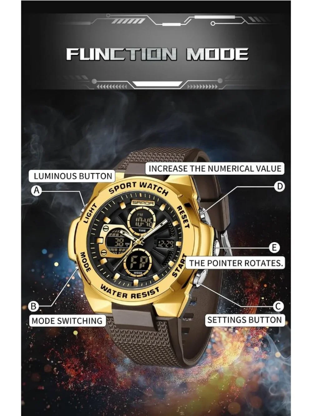 Men's Gold Analog Quartz Electronic Military Multifunction LED Digital Watch
